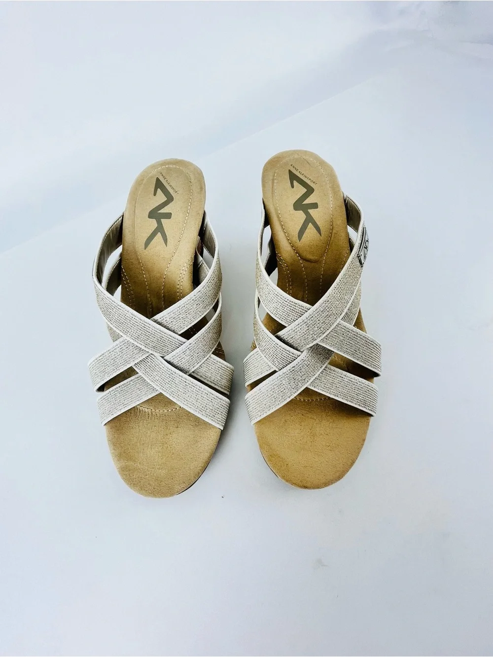 Anne Klein Sport Lakeisha Wedge Sandals Gold Shimmer Textile Bands Size 8